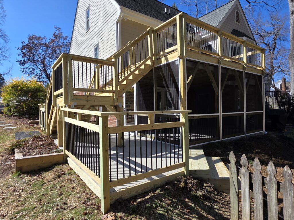 Second-story pine deck with Trex RainEscape and screened porch in Knightdale, NC